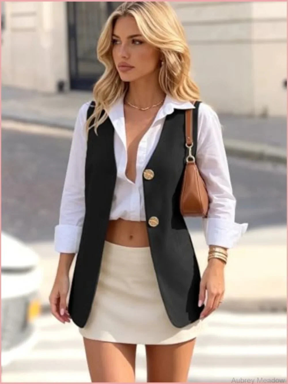 Sleeveless Double-Breasted V-Neck Vest Blazer for Women Slim Work Office Outwear